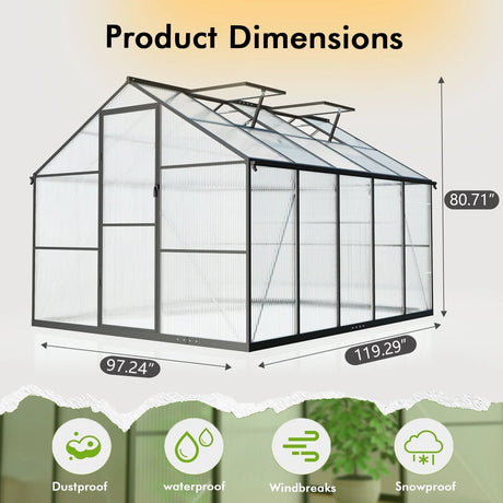 8X10Ft Outdoor Greenhouse, Heavy-Duty Walk-In Green House for Garden with Reinforced Aluminum Frame & Uv-Resistant Polycarbonate Panels