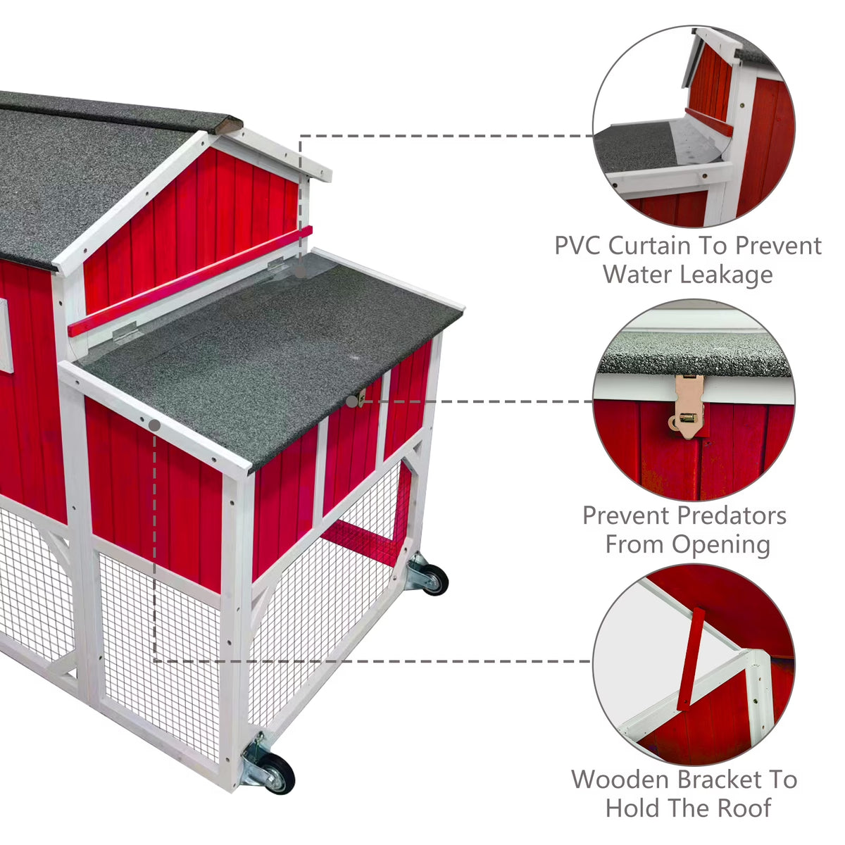 Chicken Coop with Run - 2-Story Wooden Chicken Tractor with Nesting Box - Red