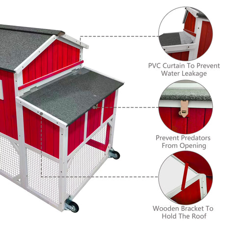 Chicken Coop with Run - 2-Story Wooden Chicken Tractor with Nesting Box - Red