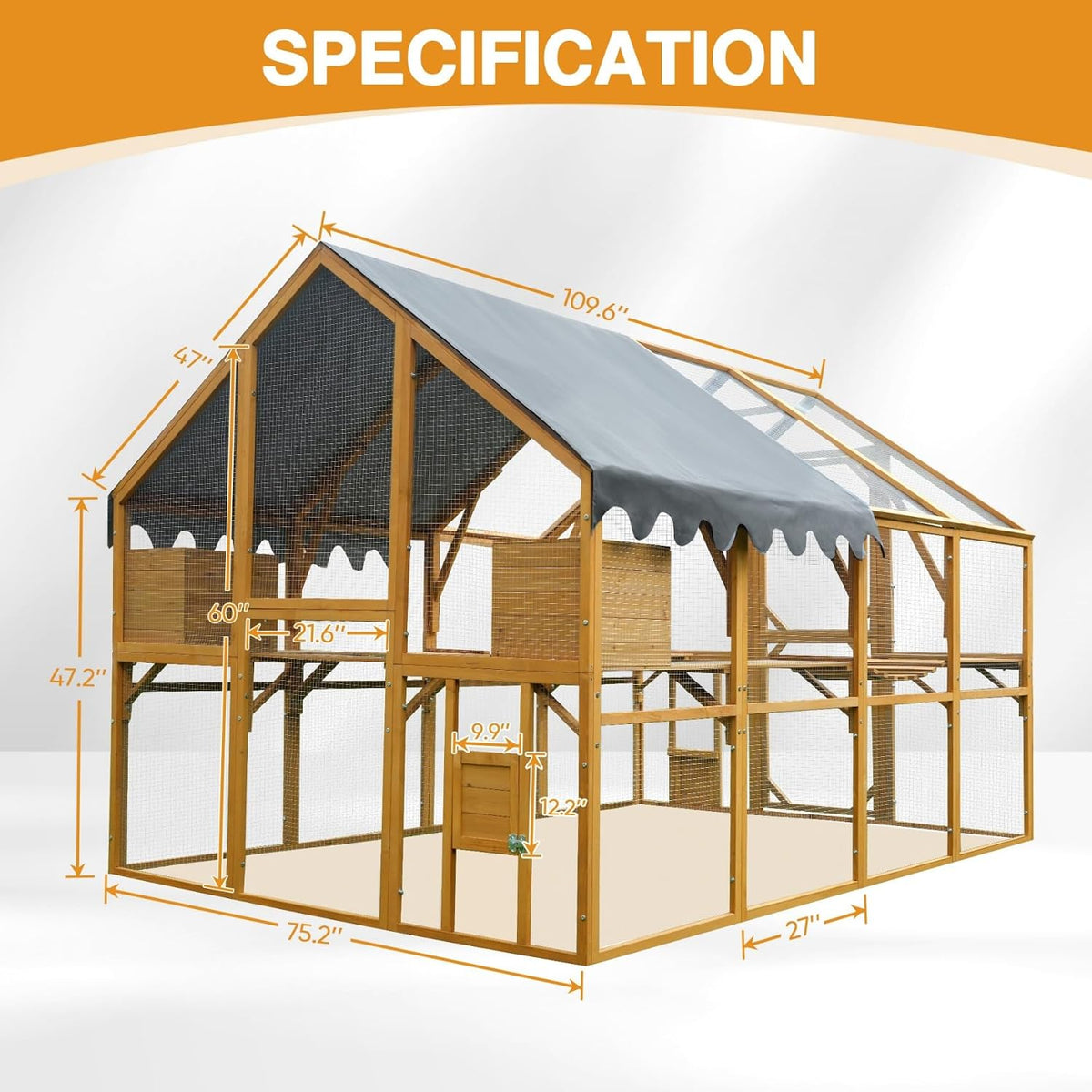 110"L Outdoor Large Chicken Coop with Waterproof Cover, Roosting Platform, Wire Mesh & 2 Lift Small Doors with Locks, Wood Chicken Coop House with Run for Cat Kitten Playpen, Duck, Rabbit, Quail