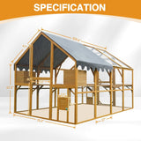 110"L Outdoor Large Chicken Coop with Waterproof Cover, Roosting Platform, Wire Mesh & 2 Lift Small Doors with Locks, Wood Chicken Coop House with Run for Cat Kitten Playpen, Duck, Rabbit, Quail