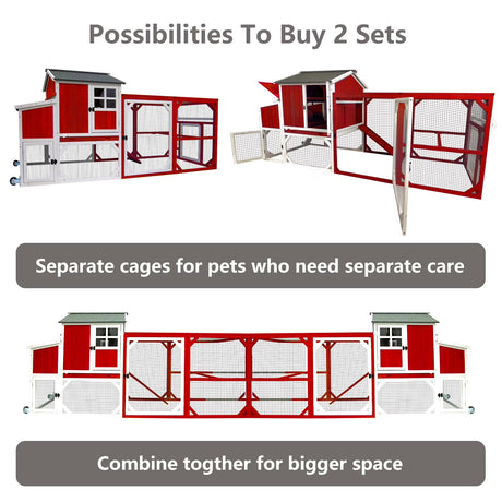 Chicken Coop with Run - 2-Story Wooden Chicken Tractor with Nesting Box - Red