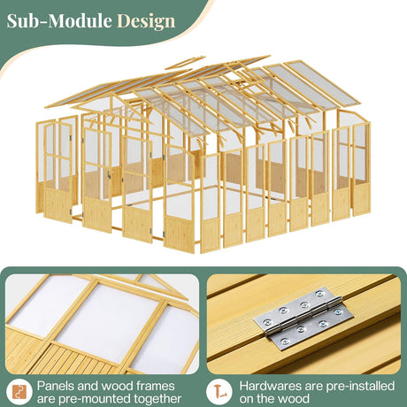 10 X 13.2-Ft Wooden Greenhouse | Walk-In Cedar Frame, Lockable Door, 2 Adjustable Roof Vents, Polycarbonate Panels, for Outdoor Garden and Backyard